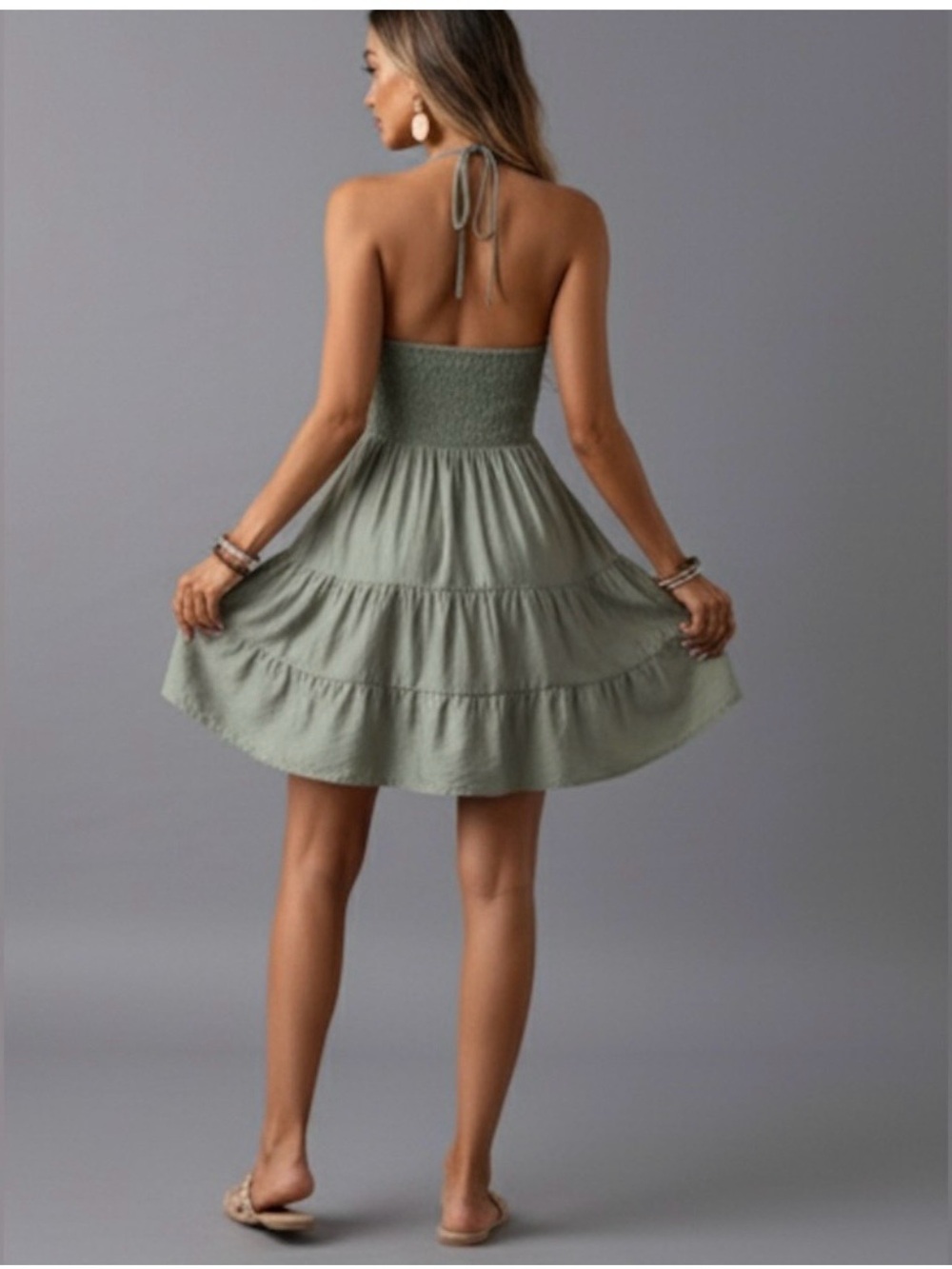 Shirred Pleated Bust Halter Mini Dress Green - Picture 4 of 9